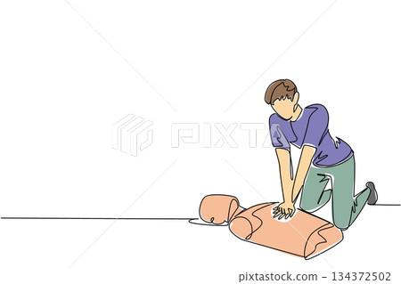 National CPR and AED Awareness design featuring a boy learning CPR on a dummy, education and safety concept in continuous line drawing style, teaching youth life-saving skills. 134372502