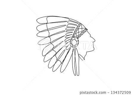 Single line drawing of a Native American ceremonial headdress, side view, representing culture concept for American Indian Citizenship Day to honor indigenous heritage and traditional craftsmanship. 134372509