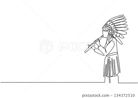 Continuous line drawing of a Native American man wearing a feather headdress playing a flute, symbolizing culture concept for American Indian Citizenship Day and indigenous musical traditions. 134372510