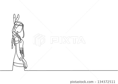 Single line drawing of a Native American woman in traditional dress with feather headband, representing culture concept for American Indian Citizenship Day and celebrating indigenous heritage. 134372511