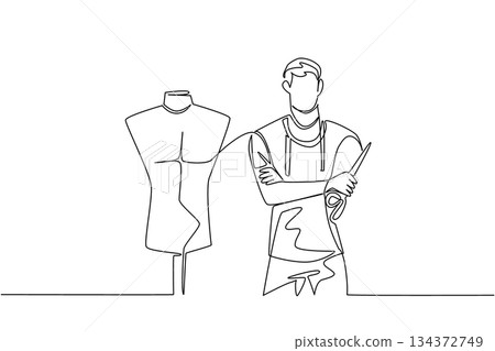 One line drawing shows a male tailor holding scissors beside a mannequin, representing fashion industry concept for National Tailors Day, celebrating creativity and craftsmanship. One line drawing shows a male tailor holding scissors beside a mannequin, representing fashion industry concept for National Tailors Day, celebrating creativity and craftsmanship. 134372749
