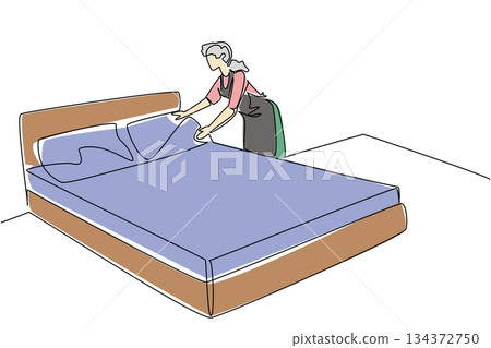 Single line drawing of a elderly woman making the bed, reflecting National Old Maids Day in a housekeeping concept, showing respect for effort, discipline, and care in everyday cleaning routines. Single line drawing of a elderly woman making the bed, reflecting National Old Maids Day in a housekeeping concept, showing respect for effort, discipline, and care in everyday cleaning routines. 134372750