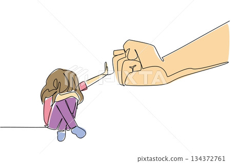 Continuous line draw of a young girl raising her hand to block a fist. Resistance to child abuse and violence, as a psychology concept for International Day of Innocent Children Victim of Aggression 134372761