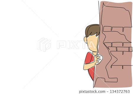 Continuous line draw of a young boy in red shirt peeking behind a damaged wall. Fear and childhood trauma, as a psychology concept for International Day of Innocent Children Victims of Aggression Continuous line draw of a young boy in red shirt peeking behind a damaged wall. Fear and childhood trauma, as a psychology concept for International Day of Innocent Children Victims of Aggression 134372763