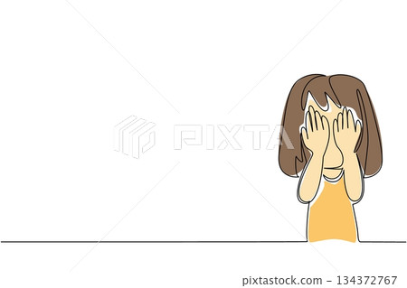 Continuous line drawing of a young girl in a yellow dress covering her face, showing pain, sadness, and trauma, as a psychology concept for International Day of Innocent Children Victims of Aggression Continuous line drawing of a young girl in a yellow dress covering her face, showing pain, sadness, and trauma, as a psychology concept for International Day of Innocent Children Victims of Aggression 134372767
