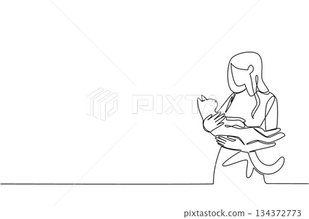 A single line drawing design of a woman hugging her cat in her arms, perfect for National Hug Your Cat Day, highlighting affection, pet love, and the emotional health benefits of animals. 134372773