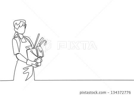 One line drawing of a woman carrying a bucket filled with cleaning supplies, symbolizing household duty, care and dedication, created as a health concept for National Old Maids Day theme. 134372776