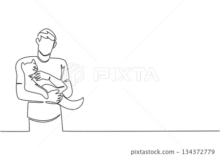 A single line drawing illustration of a young man gently holding a cat, celebrating National Hug Your Cat Day with love and comfort, in a warm animal care and pet health concept design. 134372779