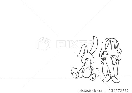 One line draw of sad girl sitting with her stuffed rabbit doll, symbolizing lost innocence and comfort in pain, as a psychology concept for International Day of Innocent Children Victims of Aggression 134372782