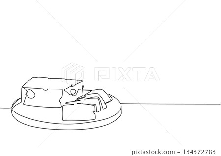 One line drawing of cheese slice with cubes on a plate, created as a food concept illustration for National Cheese Day celebration, highlighting dairy industry and minimalist design style. 134372783