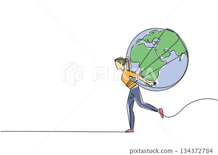 Single line drawing of a woman running with the world strapped on her back, created for Global Running Day to represent sport concept, endurance, energy, and international fitness celebration. Single line drawing of a woman running with the world strapped on her back, created for Global Running Day to represent sport concept, endurance, energy, and international fitness celebration. 134372784