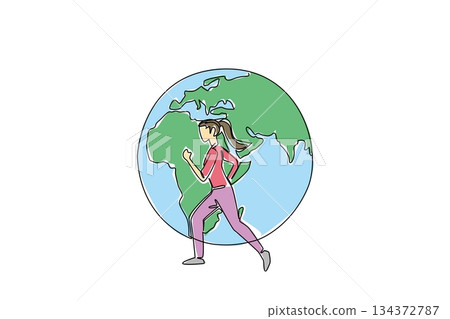 Single line drawing of a young woman running beside the Earth, showing the health concept of worldwide fitness for Global Running Day, encouraging women to join global sports activities. Single line drawing of a young woman running beside the Earth, showing the health concept of worldwide fitness for Global Running Day, encouraging women to join global sports activities. 134372787