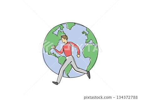 Single line drawing of a young man running with the world behind him, illustrating the health concept of fitness and sports for Global Running Day as an international event promoting wellness. Single line drawing of a young man running with the world behind him, illustrating the health concept of fitness and sports for Global Running Day as an international event promoting wellness. 134372788