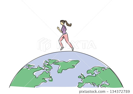 Continuous line drawing of a young woman jogging on top of earth globe, representing the nature concept of health and wellness through Global Running Day, encouraging worldwide sports participation. Continuous line drawing of a young woman jogging on top of earth globe, representing the nature concept of health and wellness through Global Running Day, encouraging worldwide sports participation. 134372789