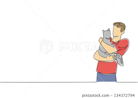 Continuous line drawing illustration for National Hug Your Cat Day featuring a smiling young man hugging his cat, highlighting the warmth of human-animal bond in a lifestyle concept. Continuous line drawing illustration for National Hug Your Cat Day featuring a smiling young man hugging his cat, highlighting the warmth of human-animal bond in a lifestyle concept. 134372794