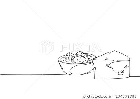 Continuous line drawing of cheese wedge beside a bowl of cubes, designed as a food concept for National Cheese Day, highlighting dairy products, nutrition value, and international celebration. 134372795