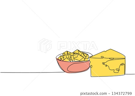 Single line drawing of a cheese wedge beside a bowl of cubes, symbolizing National Cheese Day in a food concept. Minimalist vector illustration for celebrating global dairy heritage and cuisine. Single line drawing of a cheese wedge beside a bowl of cubes, symbolizing National Cheese Day in a food concept. Minimalist vector illustration for celebrating global dairy heritage and cuisine. 134372799