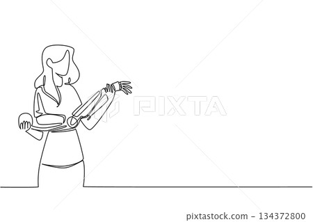 Continuous line drawing of a woman holding a wearing prosthetic robotic arm, reflecting assistive technology, health innovation, and empowerment on World Day for Assistive Technology, health concept 134372800