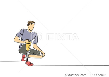 A single line drawing of a young man kneeling with a prosthetic leg, tying his shoes, symbolizing strength, mobility, and independence for World Day for Assistive Technology, health concept. A single line drawing of a young man kneeling with a prosthetic leg, tying his shoes, symbolizing strength, mobility, and independence for World Day for Assistive Technology, health concept. 134372806
