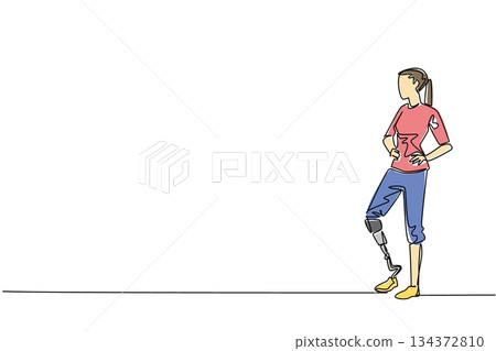 A single line drawing of a young woman with a prosthetic leg in casual clothing, representing inclusivity, resilience, and awareness for World Day for Assistive Technology in a health concept. A single line drawing of a young woman with a prosthetic leg in casual clothing, representing inclusivity, resilience, and awareness for World Day for Assistive Technology in a health concept. 134372810
