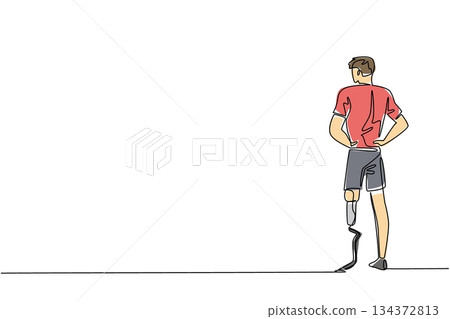 A single line drawing of a young man with a prosthetic leg in red sportswear, back rear view. symbolizing empowerment and inclusivity for World Day for Assistive Technology in a health concept. 134372813