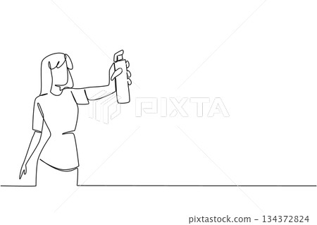 Single line drawing of a woman pose spraying insect repellent on room, health concept, international theme for Insect Repellent Awareness Day, minimalist style showing protection and awareness. Single line drawing of a woman pose spraying insect repellent on room, health concept, international theme for Insect Repellent Awareness Day, minimalist style showing protection and awareness. 134372824