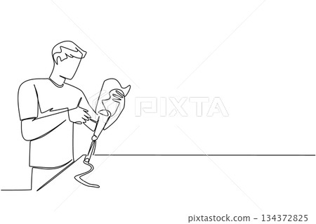 A single line draw of a young man inspecting a prosthetic leg represents health concept and human-centered design for World Day for Assistive Technology, emphasizing innovation in rehabilitation care 134372825