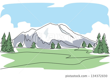 Continuous line art of Chimborazo mountain surrounded by open green plains and snow-covered ridges, made for Chimborazo Day in a scenic nature concept design. 134372830