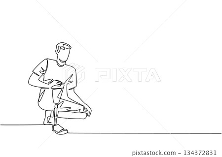 This continuous line drawing shows a man kneeling with a prosthetic leg, representing courage, mobility, and independence in a health concept for World Day for Assistive Technology awareness. This continuous line drawing shows a man kneeling with a prosthetic leg, representing courage, mobility, and independence in a health concept for World Day for Assistive Technology awareness. 134372831