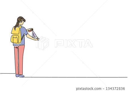 One line drawing style for Insect Repellent Awareness Day showing a female traveler with a backpack applying repellent. Outdoor safety, personal hygiene, and mosquito-borne disease awareness One line drawing style for Insect Repellent Awareness Day showing a female traveler with a backpack applying repellent. Outdoor safety, personal hygiene, and mosquito-borne disease awareness 134372836