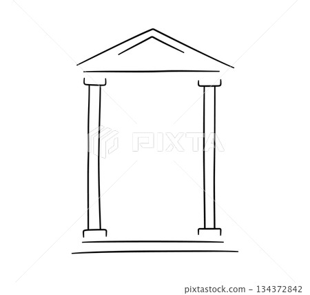 Doodle frame in antique Greek building style. Hand drawn Roman pillar and Greek column. Ancient museum doodle icon. Hand drawn line border and frame. Vector illustration isolated on white background 134372842