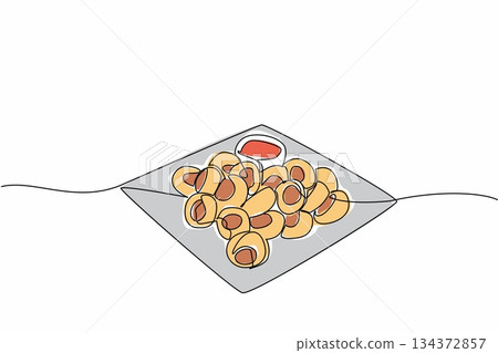 Short Description: Continuous line drawing of sausage rolls served on a plate with dipping sauce, capturing the savory delight of National Sausage Roll Day in a minimalist food concept style. 134372857