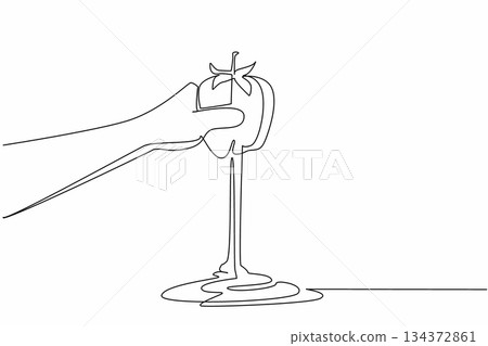 Continuous line drawing of a hand squeezing a tomato with juice pouring out, symbolizing farming, nutrition, and health concept for World Tomato Day event celebration. Continuous line drawing of a hand squeezing a tomato with juice pouring out, symbolizing farming, nutrition, and health concept for World Tomato Day event celebration. 134372861