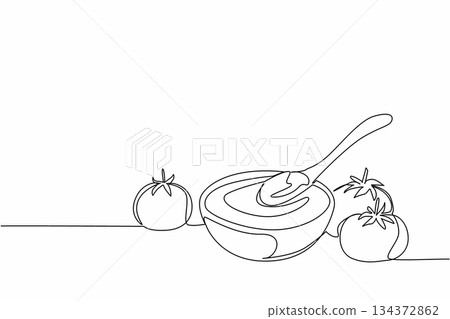 Continuous line drawing of fresh tomatoes arranged in a bowl with tomato ketchup, symbolizing health concept and nature concept for World Tomato Day celebration. 134372862