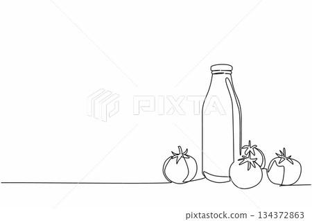 Continuous line drawing of tomatoes with a glass bottle of tomato juice, highlighting nutrition and wellness in food and health concept for World Tomato Day. 134372863