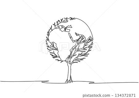 Single line drawing of Earth shaped as a tree highlights nature concept under World Environment Day, emphasizing sustainability, green living, and the importance of preserving ecosystems worldwide. Single line drawing of Earth shaped as a tree highlights nature concept under World Environment Day, emphasizing sustainability, green living, and the importance of preserving ecosystems worldwide. 134372871