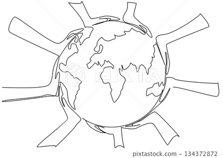 Continuous line draw of hands around Earth represents unity in environment concept for World Environment Day, promoting global cooperation, climate action, and sustainability awareness across nations. 134372872