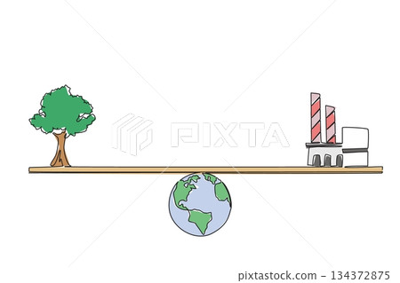 A tree and a factory balanced on a scale above Earth illustrate sustainability and the need for balance between nature and industry in single line drawing style for World Environment Day. 134372875