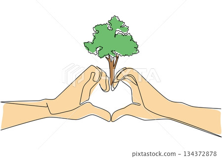 Two hands form a heart while holding a small green tree, symbolizing care, love, and protection for nature in single line drawing style, reflecting a nature concept for World Environment Day. 134372878