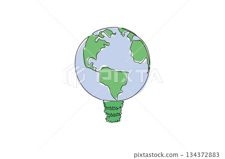 Single line drawing of a light bulb designed as planet Earth, symbolizing renewable energy, sustainability, environmental awareness, and innovative eco solutions for World Environment Day celebration. 134372883