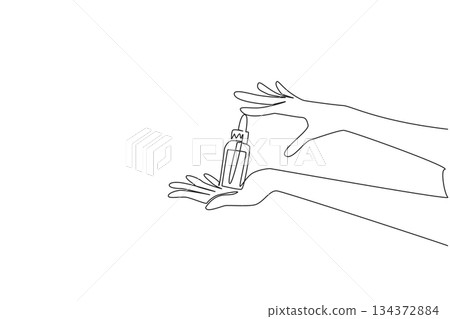 Hands presenting skincare serum product are drawn in continuous line draw style, representing cosmetic business concept, wellness rituals, and celebration of natural care on National Clean Beauty Day 134372884