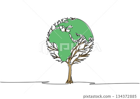 Single line drawing of Earth shaped as a tree highlights nature concept for World Environment Day, symbolizing sustainability, eco awareness, and the importance of protecting forests and ecosystems. 134372885