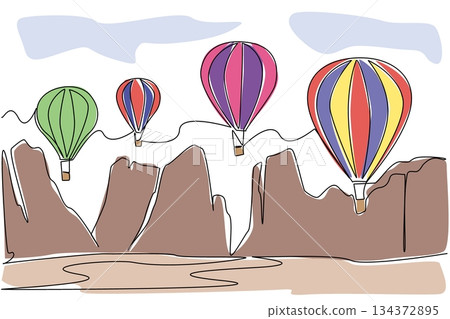 Continuous line drawing of colorful hot air balloons soaring over rocky mountains reflects an adventure concept tied to Hot Air Balloon Day, celebrating travel, freedom, and breathtaking international Continuous line drawing of colorful hot air balloons soaring over rocky mountains reflects an adventure concept tied to Hot Air Balloon Day, celebrating travel, freedom, and breathtaking international 134372895