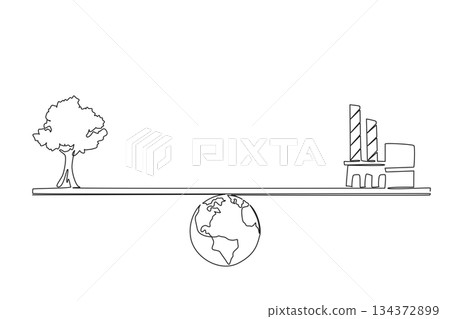 Single line drawing of Earth balancing tree and factory symbolizes environment concept for World Environment Day, highlighting sustainability, climate action, and balance between nature and industry. 134372899