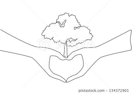 Continuous line drawing of hands forming a heart around a tree conveys conservation concept for World Environment Day, promoting care, love, and global responsibility for protecting ecosystems. 134372901