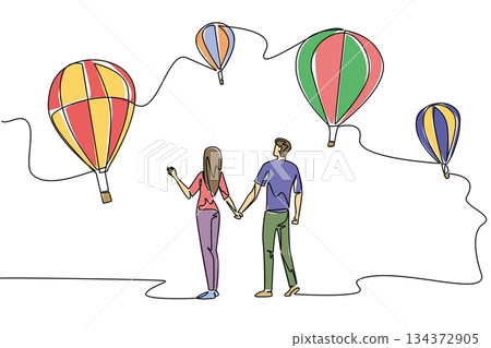 Continuous line draw of couple holding hands watching colorful hot air balloon illustrate love and adventure concept for Hot Air Balloon Day, celebrating romance, travel, and international exploration Continuous line draw of couple holding hands watching colorful hot air balloon illustrate love and adventure concept for Hot Air Balloon Day, celebrating romance, travel, and international exploration 134372905