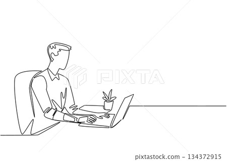Continuous line drawing of a man using laptop with prosthetic hand, emphasizing workplace inclusion and equal opportunities for World Day for Assistive Technology in technology concept. Continuous line drawing of a man using laptop with prosthetic hand, emphasizing workplace inclusion and equal opportunities for World Day for Assistive Technology in technology concept. 134372915
