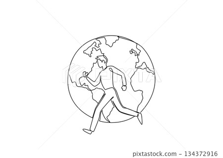 A single line drawing of a male athlete running with the Earth on his back, symbolizing strength and resilience for Global Running Day in a creative sport concept design. A single line drawing of a male athlete running with the Earth on his back, symbolizing strength and resilience for Global Running Day in a creative sport concept design. 134372916