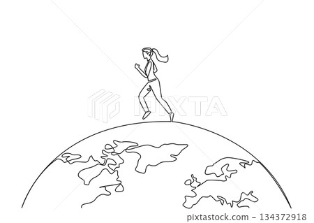 One line drawing of a man running above the globe for Global Running Day, designed in sport concept style to reflect strength, motion, and worldwide fitness celebration. One line drawing of a man running above the globe for Global Running Day, designed in sport concept style to reflect strength, motion, and worldwide fitness celebration. 134372918