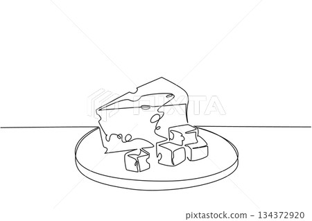 Single line drawing of cheese cubes arranged on a plate, created for food concept illustration in National Cheese Day theme, emphasizing dairy nutrition, gourmet style, and artistic minimalism. Single line drawing of cheese cubes arranged on a plate, created for food concept illustration in National Cheese Day theme, emphasizing dairy nutrition, gourmet style, and artistic minimalism. 134372920